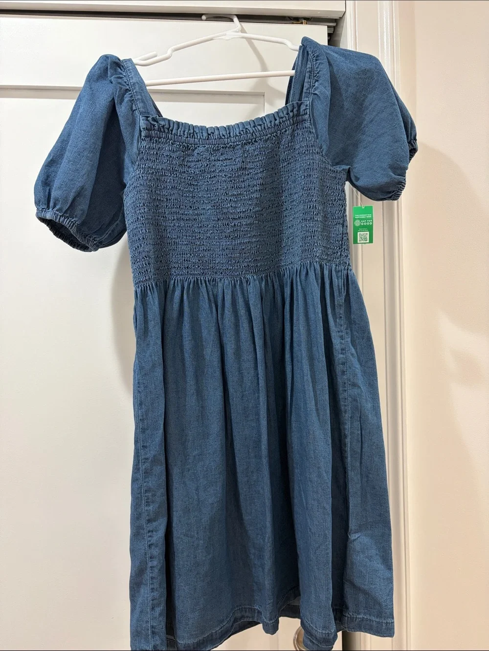 GAP Blue Denim-Style Smocked Puff Sleeve Dress